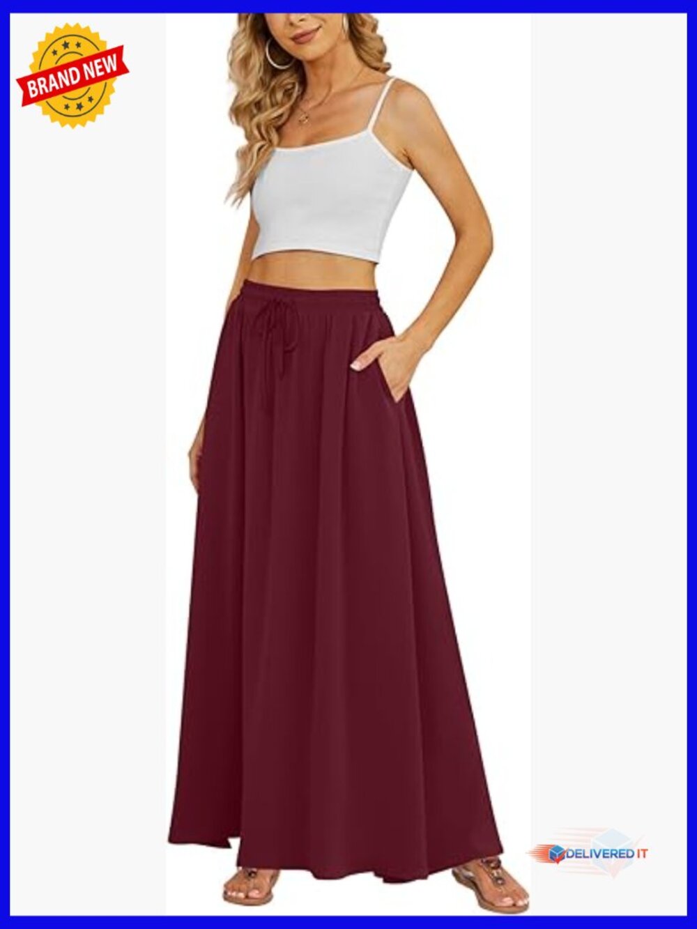 Flowy Maxi Skirt with Pockets Pleated High Waist Summer Casual